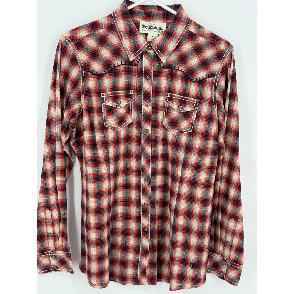 Ariat Womens Plaid Snap Shirt L Red & Black Long Sleeve Western Style
